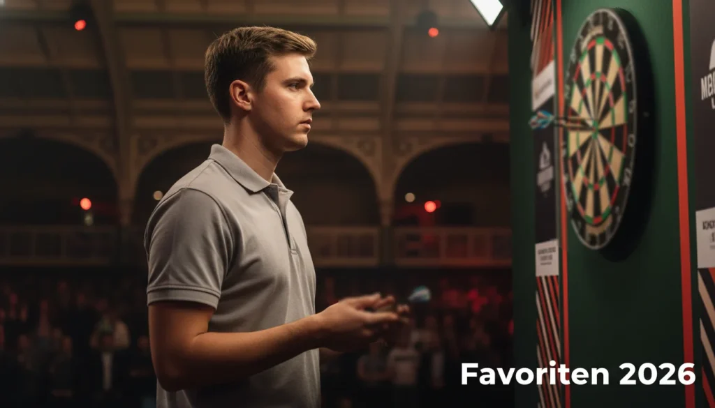 Darts WM Favoriten 2026 – Profi-Dartspieler beim Wurf im Ally Pally