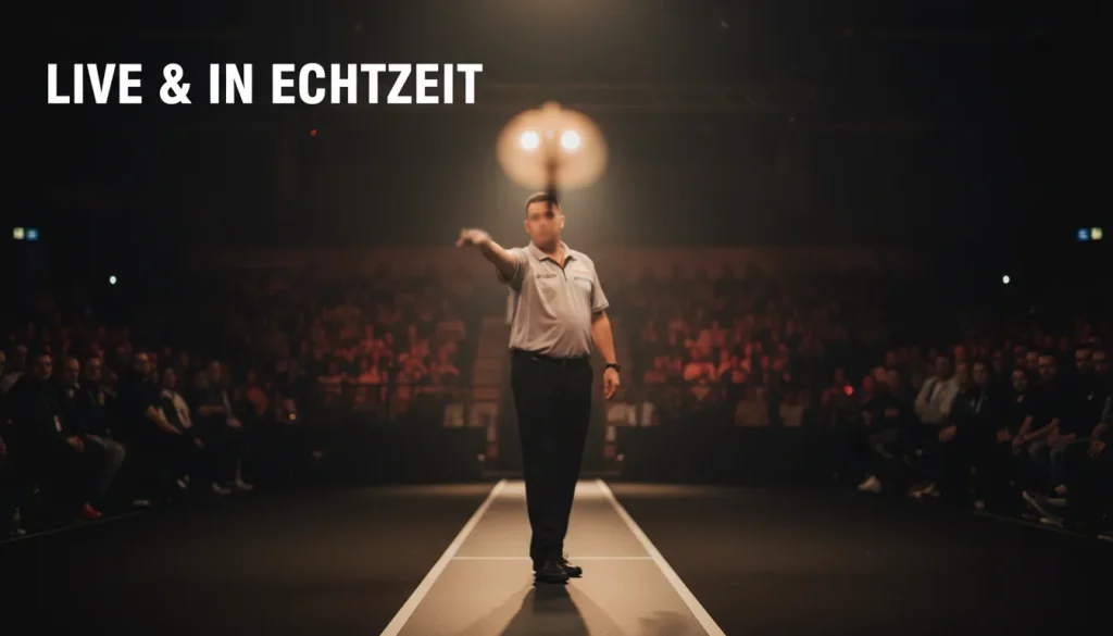 Darts WM Live Wetten – Spieler beim entscheidenden Wurf auf der beleuchteten Bühne des Ally Pally