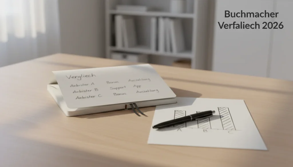 Darts WM Wettanbieter Vergleich – Schreibtisch mit Notizbuch und Vergleichsliste der besten Buchmacher